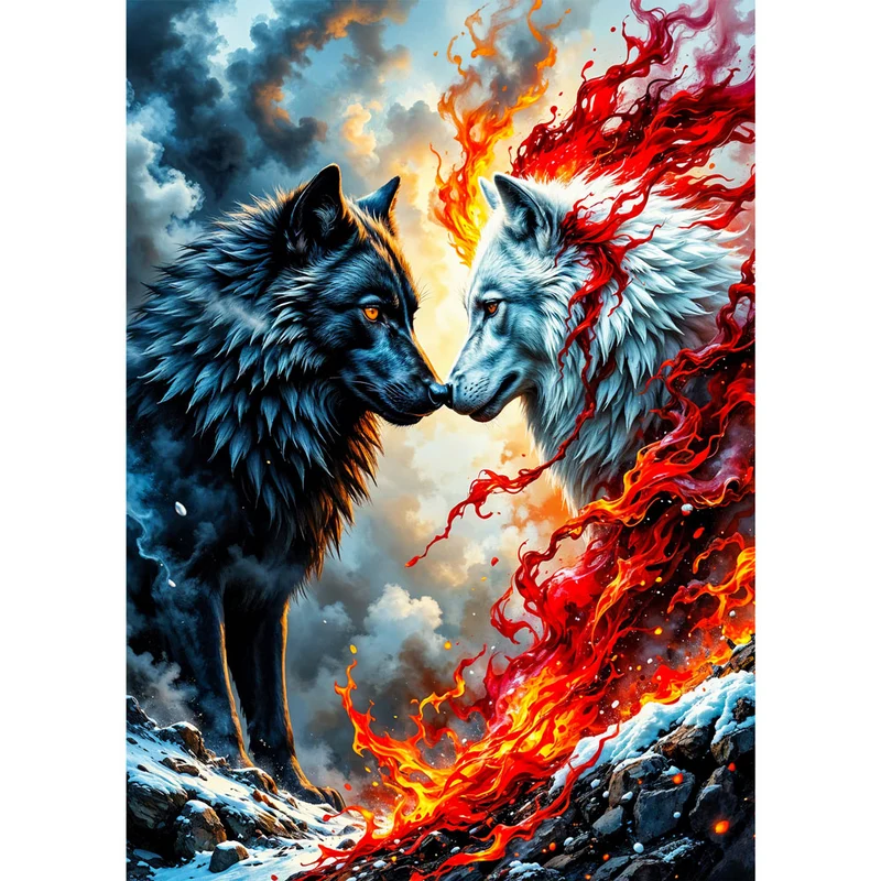 5D Diamond Painting – Wölfe des Feuers und Eises