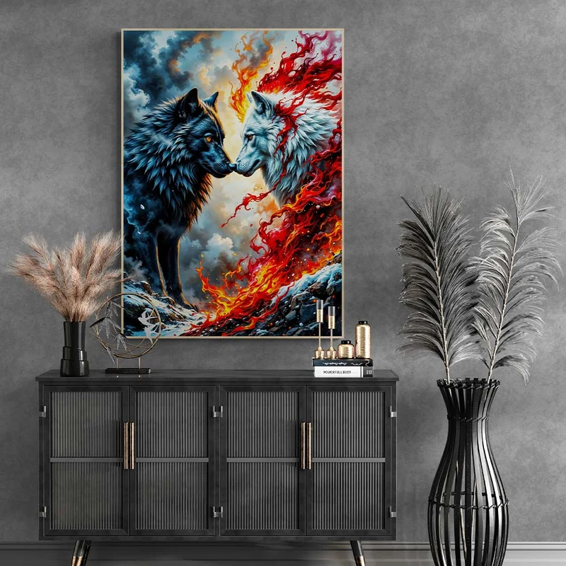 5D Diamond Painting – Wölfe des Feuers und Eises