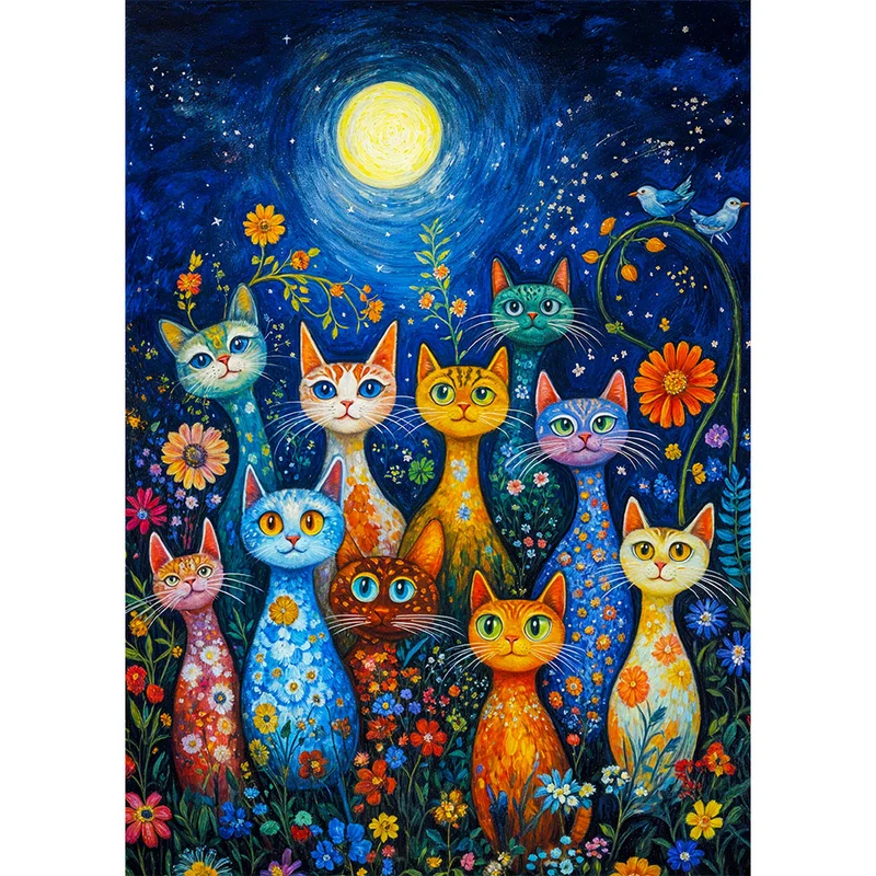 5D Diamond Painting - Nacht der Blumenkatzen