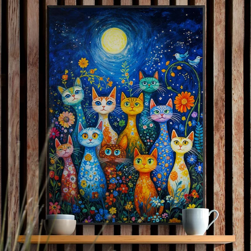 5D Diamond Painting - Nacht der Blumenkatzen