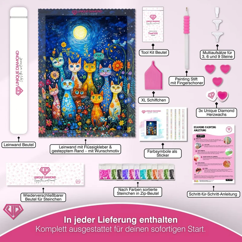 5D Diamond Painting - Nacht der Blumenkatzen