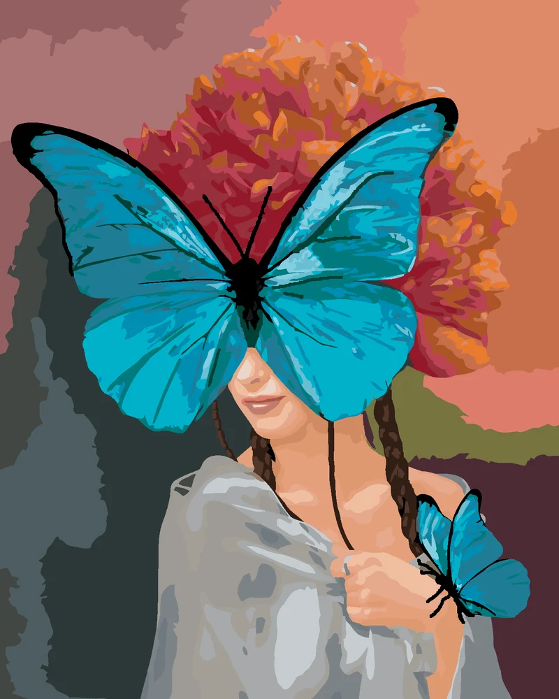 Diamond painting - FRAU MIT SCHMETTERLINGEN UND PFINGSTROSEN