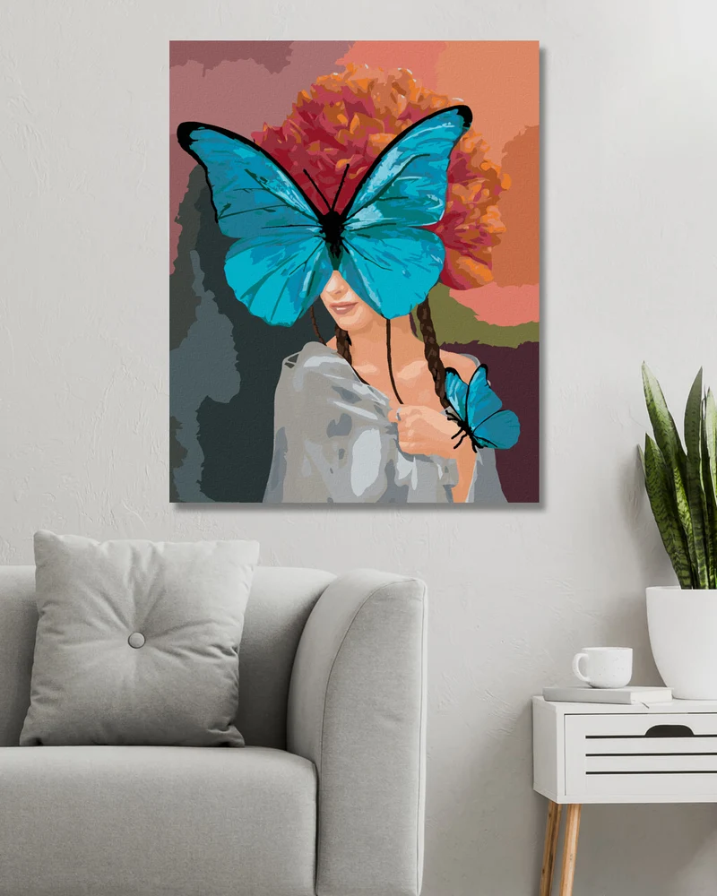Diamond painting - FRAU MIT SCHMETTERLINGEN UND PFINGSTROSEN