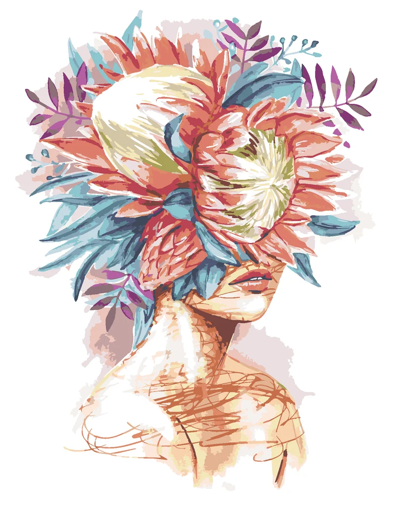 Diamond painting - FRAU MIT PROTEA IM HAAR
