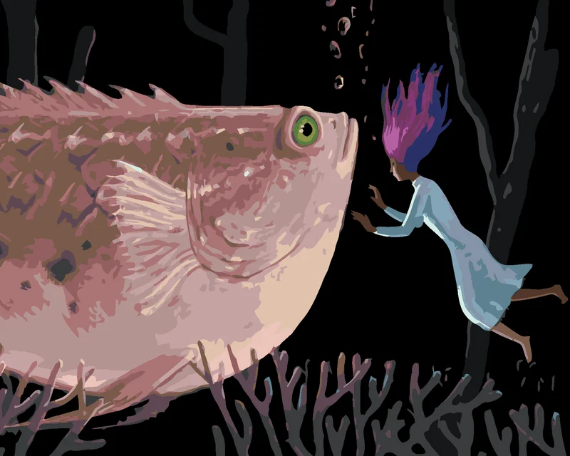 Diamond painting - FRAU MIT RIESIGEM ROSA FISCH