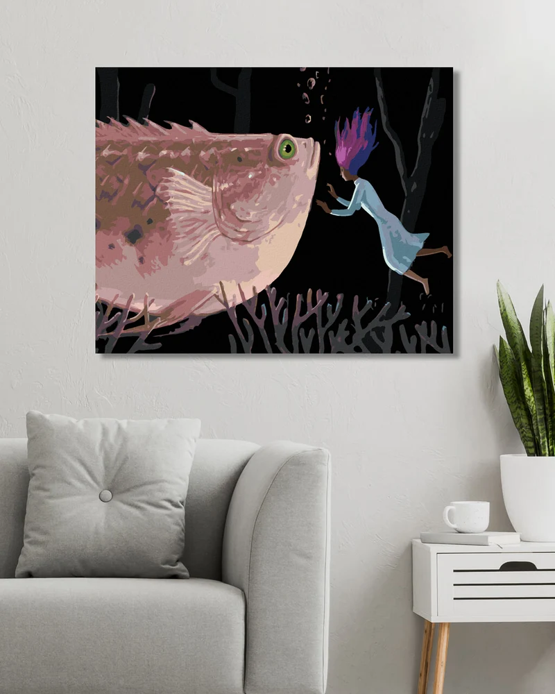 Diamond painting - FRAU MIT RIESIGEM ROSA FISCH