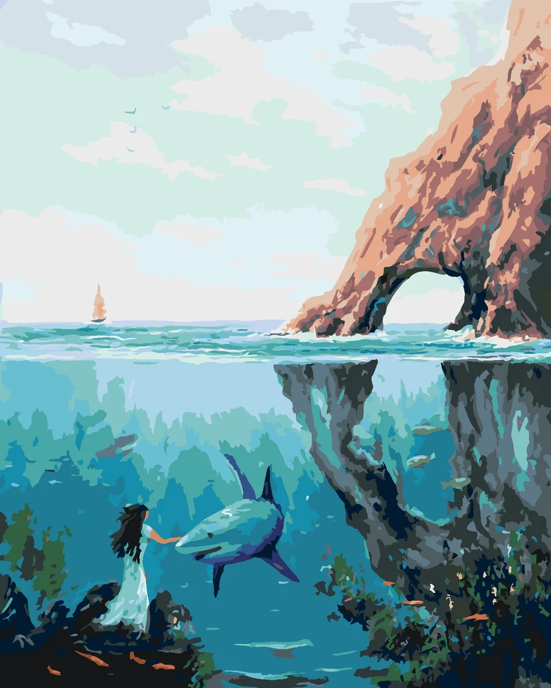 Diamond painting - FRAU MIT HAI UNTER WASSER