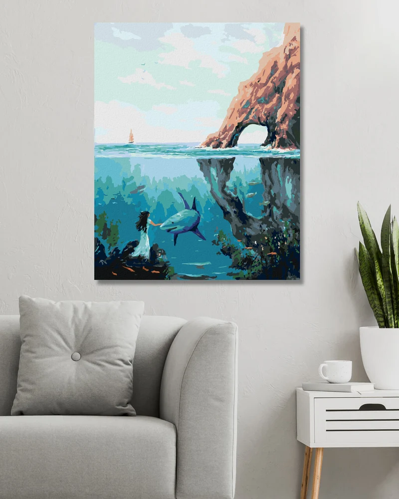 Diamond painting - FRAU MIT HAI UNTER WASSER