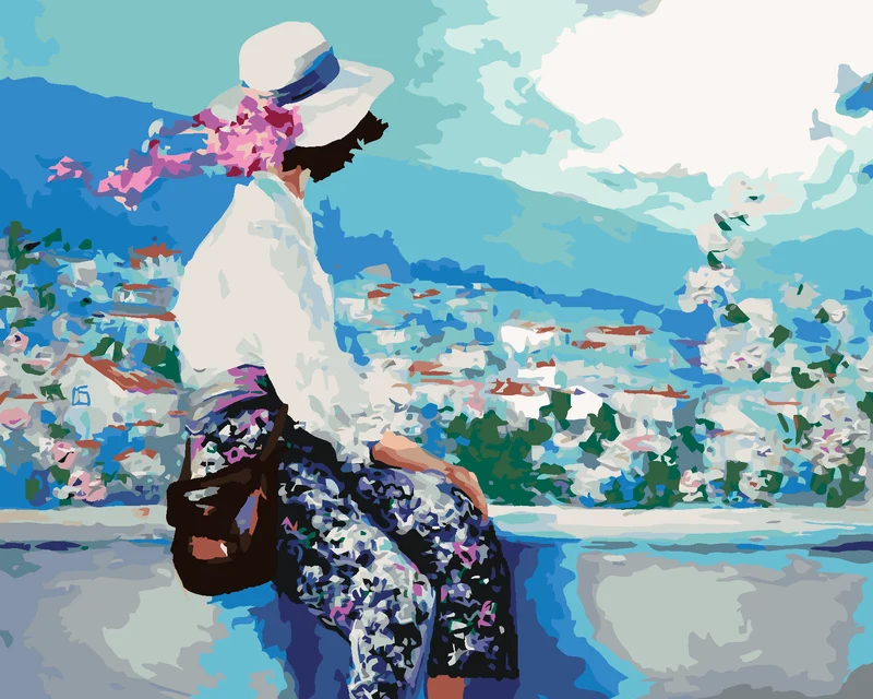 Diamond painting - SITZENDE FRAU AUF EINER MAUER