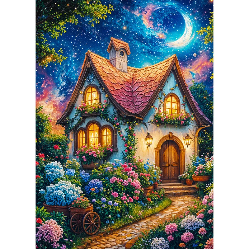 5D Diamond Painting - Verzaubertes Häuschen im Blumenmeer