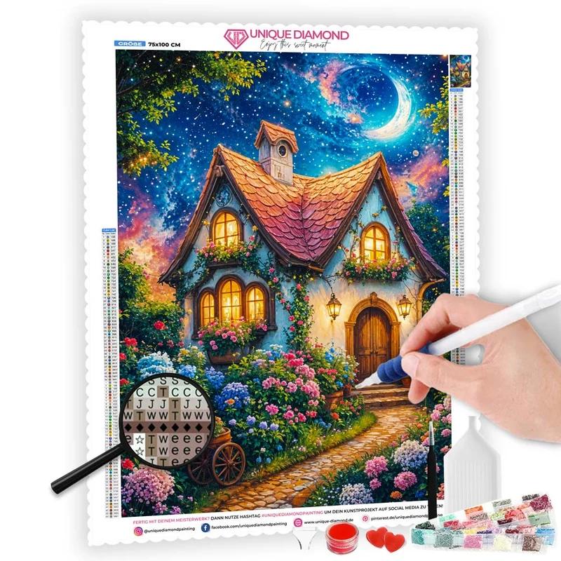 5D Diamond Painting - Verzaubertes Häuschen im Blumenmeer