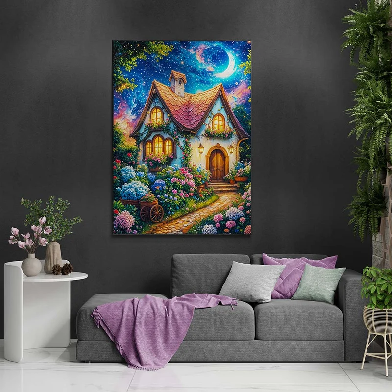 5D Diamond Painting - Verzaubertes Häuschen im Blumenmeer