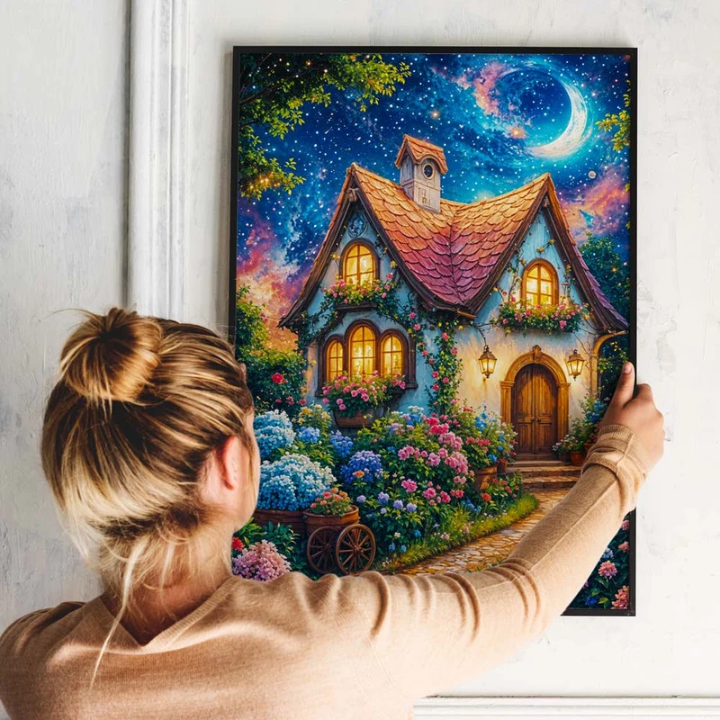 5D Diamond Painting - Verzaubertes Häuschen im Blumenmeer