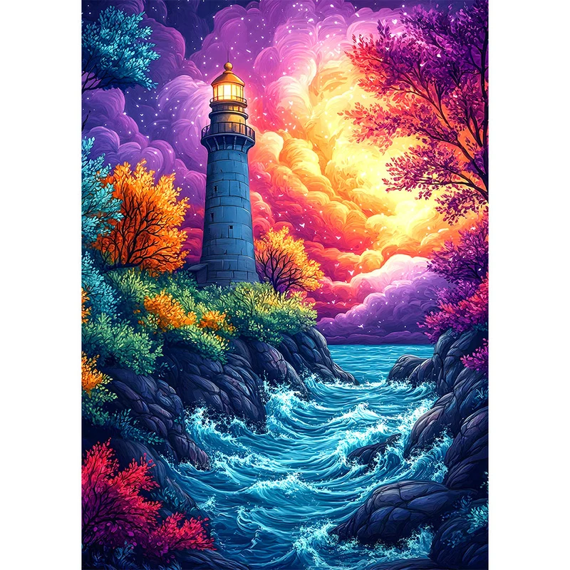 5D Diamond Painting - Leuchtturm bei Sonnenuntergang