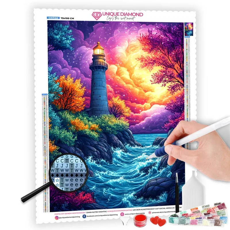 5D Diamond Painting - Leuchtturm bei Sonnenuntergang