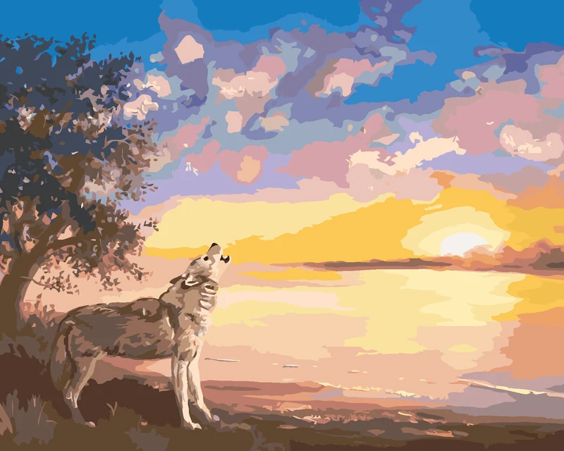 Diamond painting - HEULENDER WOLF UND SONNENUNTERGANG AM WASSER (D. RUSTY RUST)