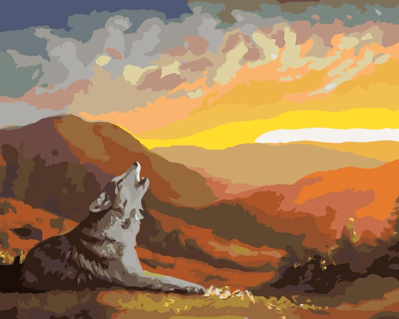 Diamond painting - HEULENDER WOLF, SONNENUNTERGANG UND BERGE (D. RUSTY RUST)