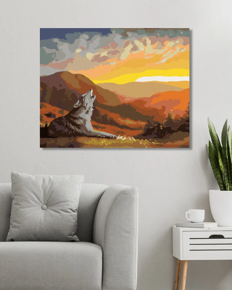 Diamond painting - HEULENDER WOLF, SONNENUNTERGANG UND BERGE (D. RUSTY RUST)