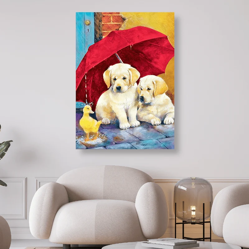 Hundewelpen mit Regenschirm und Entchen - 5D DIY Diamond Painting