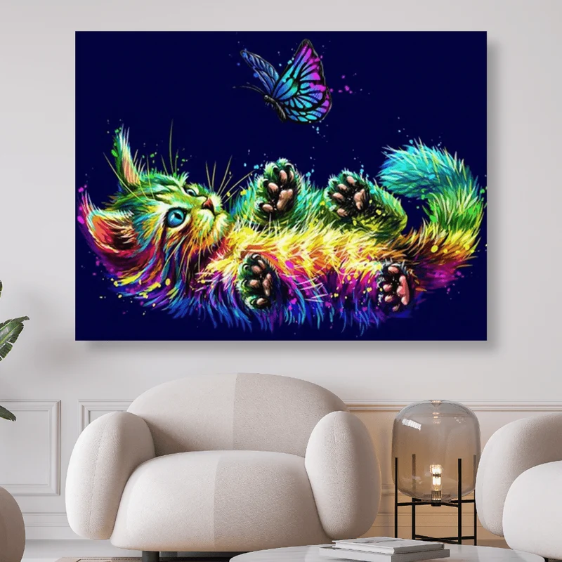 Buntes Kätzchen spielt mit Schmetterling - 5D DIY Diamond Painting