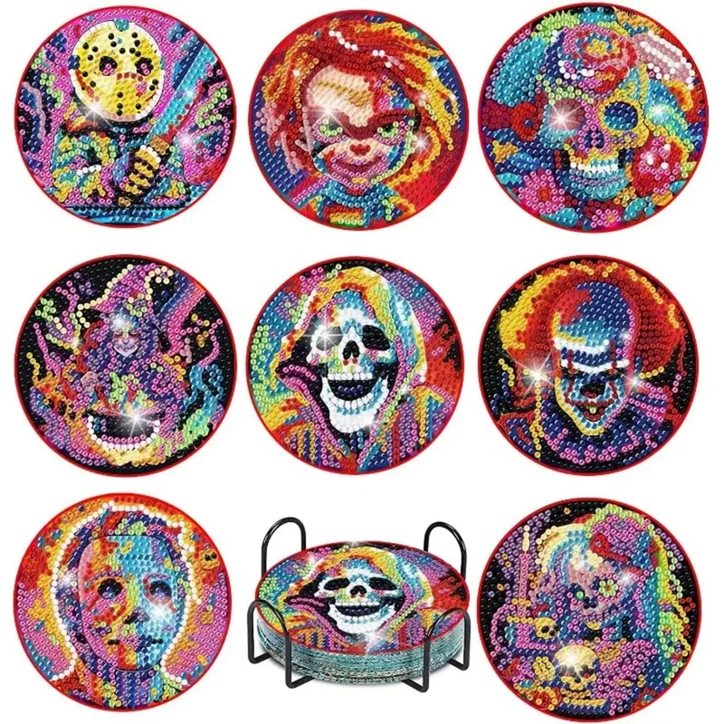 5D Diamond Painting Untersetzer – Horror Figuren im Neon-Look