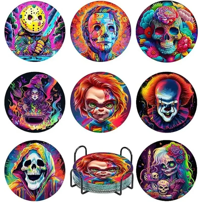 5D Diamond Painting Untersetzer – Horror Figuren im Neon-Look