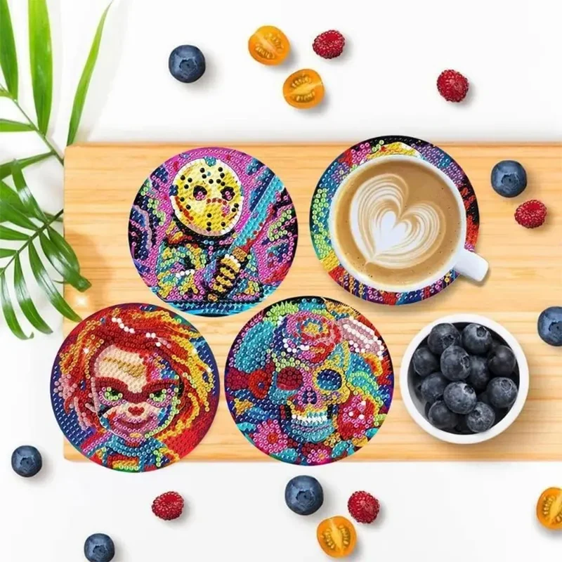 5D Diamond Painting Untersetzer – Horror Figuren im Neon-Look