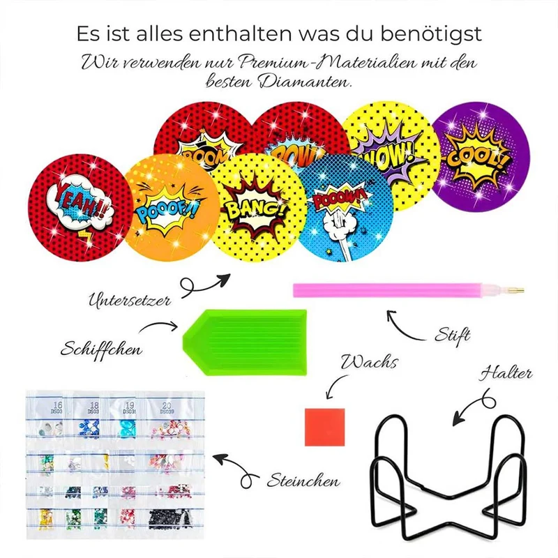 5D Diamond Painting Untersetzer – Pow! Pop-Art Explosion