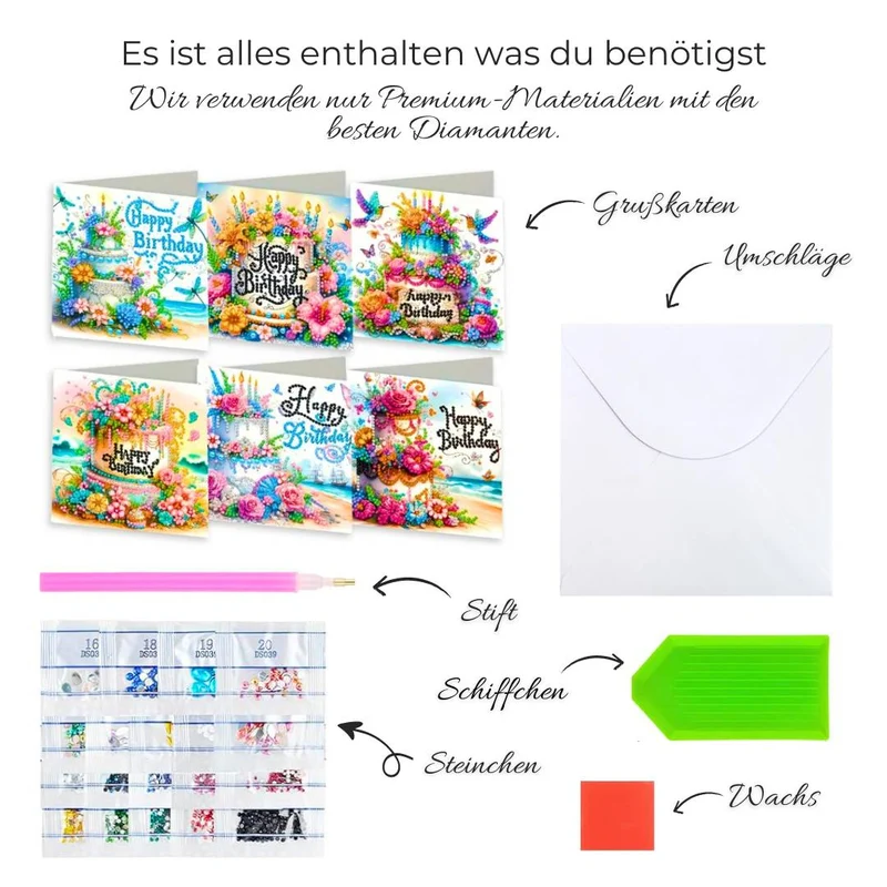5D Diamond Painting Grußkarten Happy Birthday 6 Stück