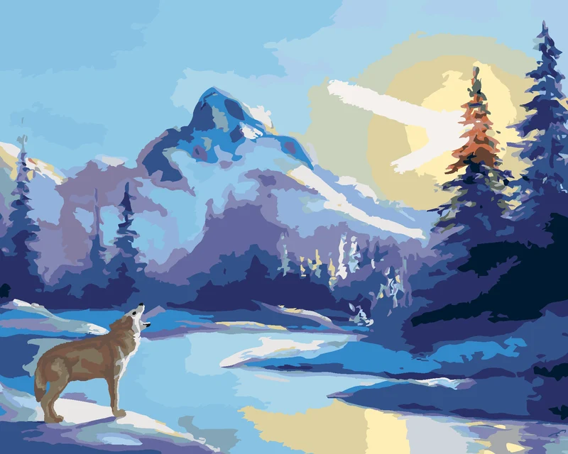 Diamond painting - HEULENDER WOLF, SONNE UND BERGE (D. RUSTY RUST)