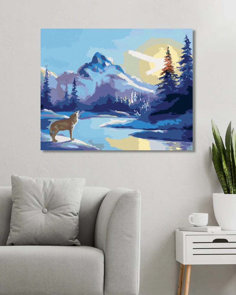 Diamond painting - HEULENDER WOLF, SONNE UND BERGE (D. RUSTY RUST)