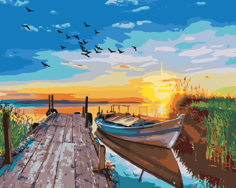 Diamond painting - SONNENUNTERGANG ÜBER DEM SEE MIT EINEM BOOT