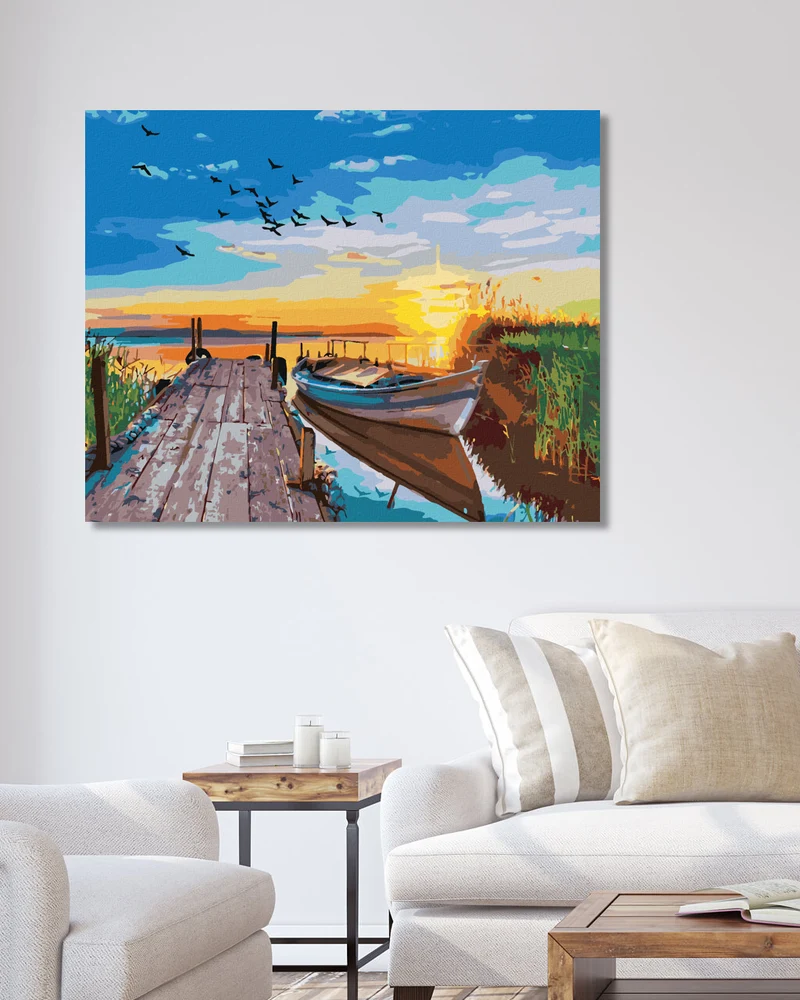 Diamond painting - SONNENUNTERGANG ÜBER DEM SEE MIT EINEM BOOT