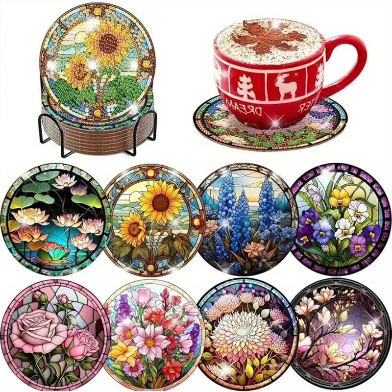 5D Diamond Painting Untersetzer – Blumen im Glasfenster