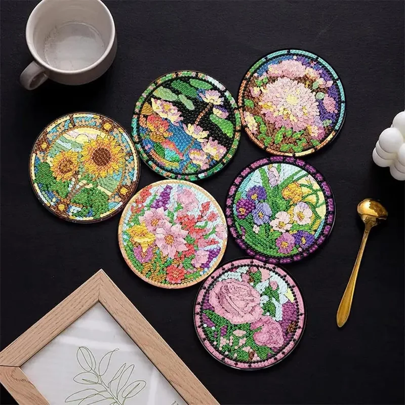5D Diamond Painting Untersetzer – Blumen im Glasfenster