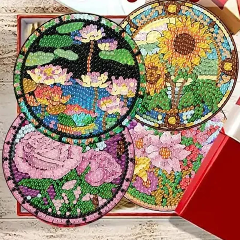 5D Diamond Painting Untersetzer – Blumen im Glasfenster