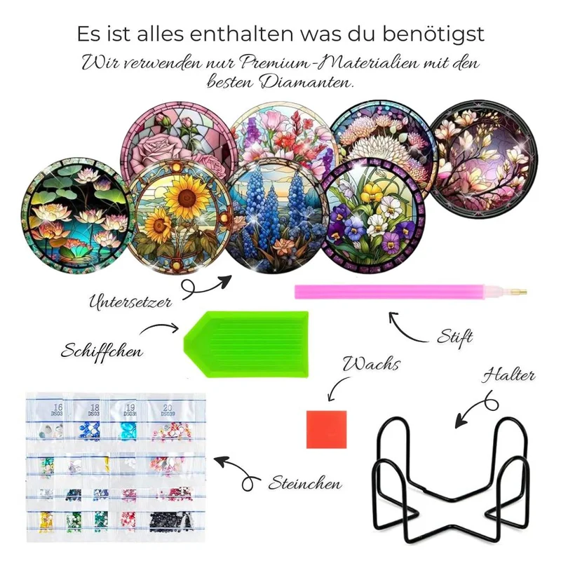 5D Diamond Painting Untersetzer – Blumen im Glasfenster