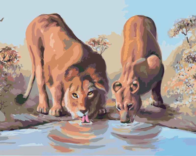 Diamond painting - JUNGER LÖWE UND LÖWIN AN DER WASSERSTELLE (D. RUSTY RUST)