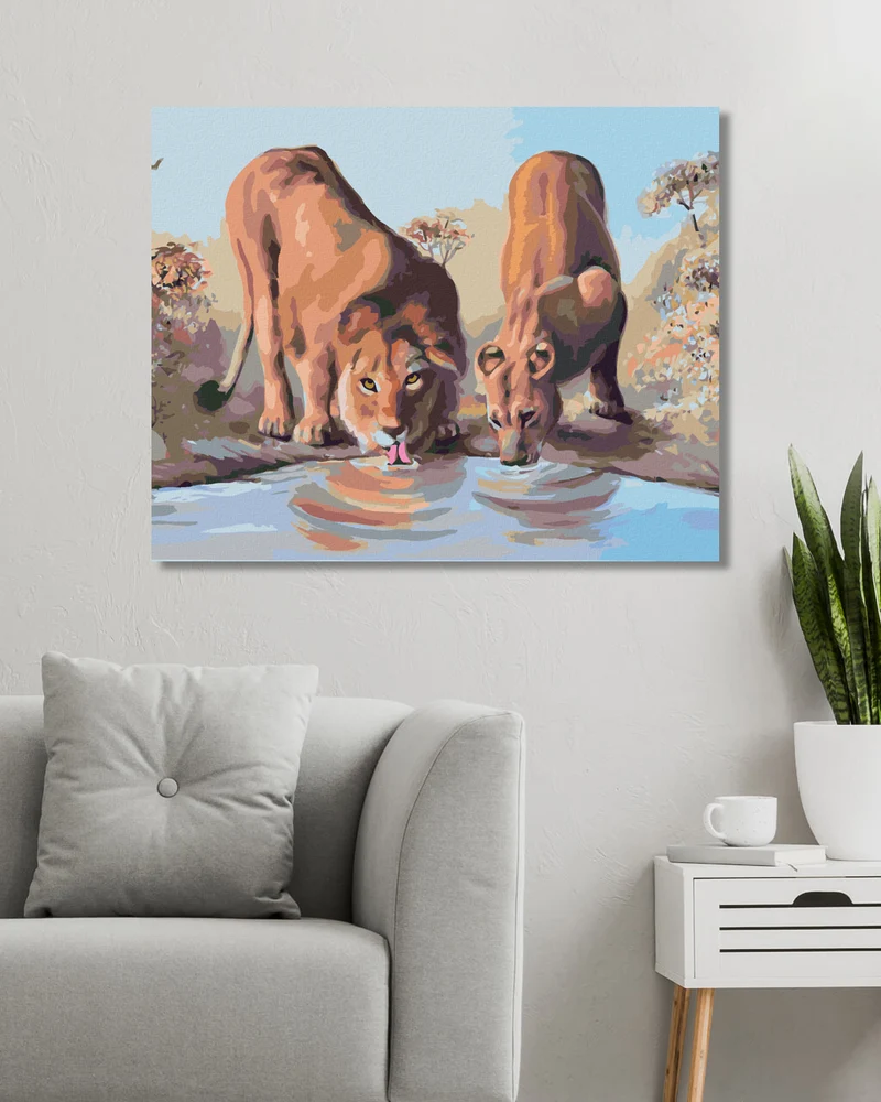 Diamond painting - JUNGER LÖWE UND LÖWIN AN DER WASSERSTELLE (D. RUSTY RUST)