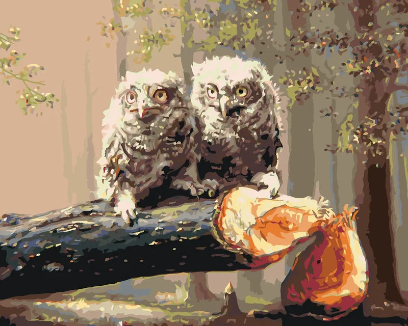 Diamond painting - BABY-EULEN AUF EINEM GEFÄLLTEN BAUM (D. RUSTY RUST)