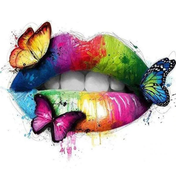 Magische bunte Lippen mit Schmetterlingen - 5D DIY Diamond Painting