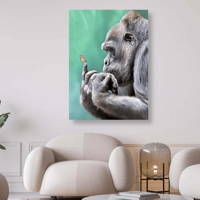 Gorilla bestaunt Schmetterling auf seinem Finger - 5D DIY Diamond Painting