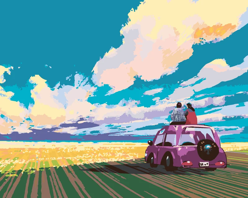 Diamond painting - SITZENDES JUNGES PAAR AUF EINEM AUTO IM FELD