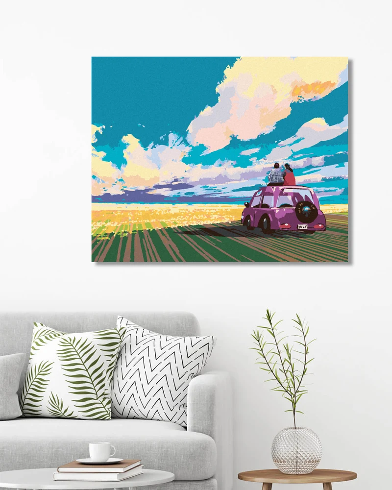 Diamond painting - SITZENDES JUNGES PAAR AUF EINEM AUTO IM FELD