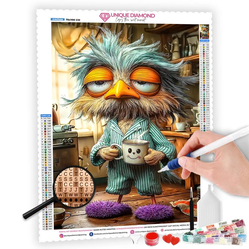 5D Diamond Painting – Morgenmuffel-Eule mit Kaffeetasse