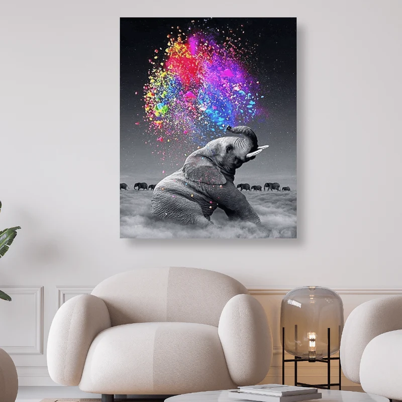 Elefant schwarz weiss mit buntem Farbenspiel - 5D DIY Diamond Painting