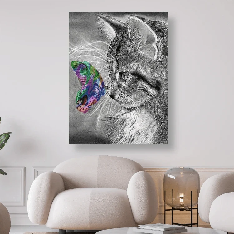 Katze mit bunten Schmetterling - 5D DIY Diamond Painting