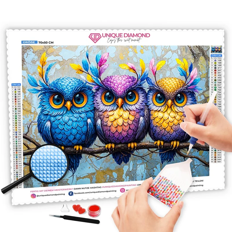 5D Diamond Painting – Farbenfrohe Eulen
