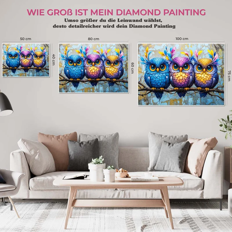 5D Diamond Painting – Farbenfrohe Eulen