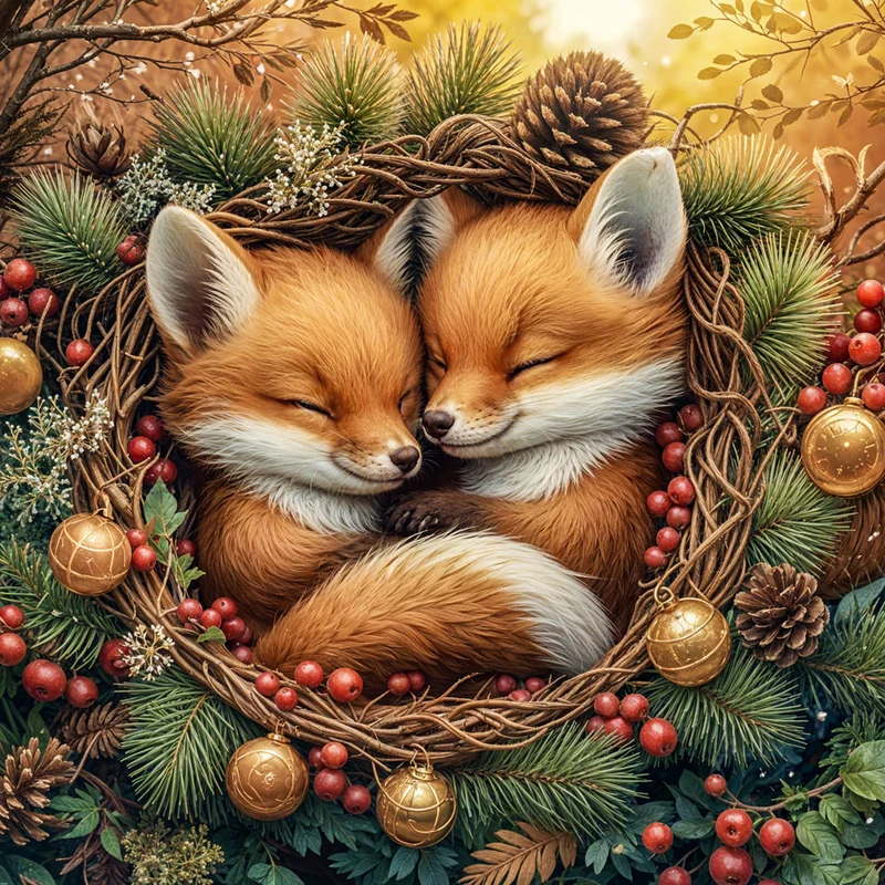5D Diamond Painting – Zwei Fuchsjunge im Winterkranz